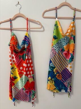2 Colourful Flirty Patchwork Silky vacay dresses! NWOT
